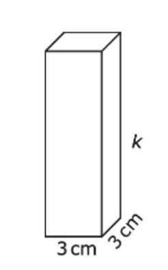 Quader mit quadratischer Grundfläche, 3 cm Seitenlänge und Höhe k.